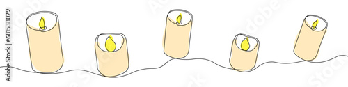 Candle icon line continuous drawing vector. One line Electric safe candle icon vector background. Set of burning candles icon. Continuous outline of Wax, paraffin candle.