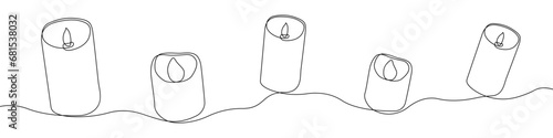 Candle icon line continuous drawing vector. One line Electric safe candle icon vector background. Set of burning candles icon. Continuous outline of Wax, paraffin candle.