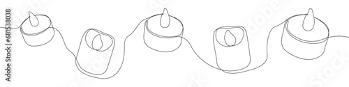 Candle icon line continuous drawing vector. One line Electric safe candle icon vector background. Set of burning candles icon. Continuous outline of Wax, paraffin candle.