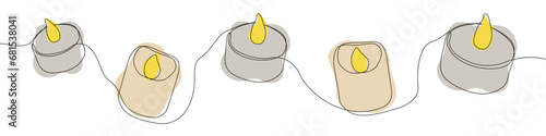 Candle icon line continuous drawing vector. One line Electric safe candle icon vector background. Set of burning candles icon. Continuous outline of Wax, paraffin candle.