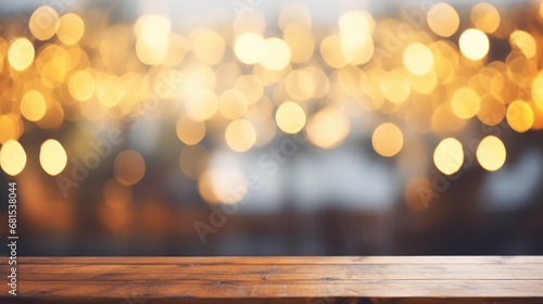 Wooden Table with a Blurred Beach Cafes Background and Bokeh light
