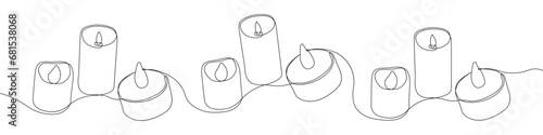 Candle icon line continuous drawing vector. One line Electric safe candle icon vector background. Set of burning candles icon. Continuous outline of Wax, paraffin candle. photo