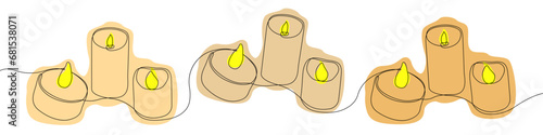 Candle icon line continuous drawing vector. One line Electric safe candle icon vector background. Set of burning candles icon. Continuous outline of Wax, paraffin candle.