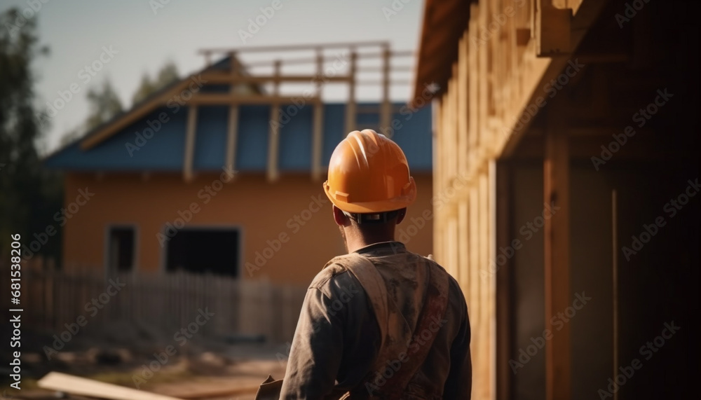 Construction industry experts working outdoors on building development plans generated by AI Construction industry experts working outdoors on building development plans generated by AI