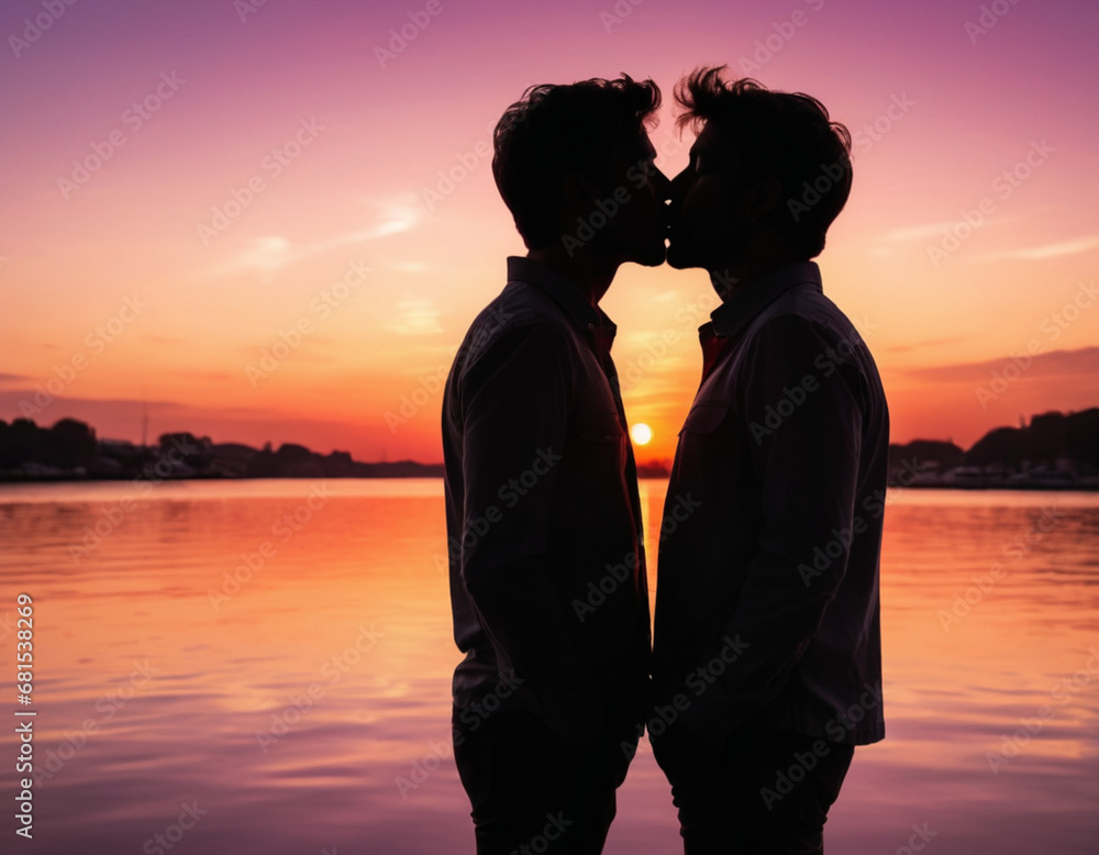 Silhouette of a couple kissing against a beautiful background