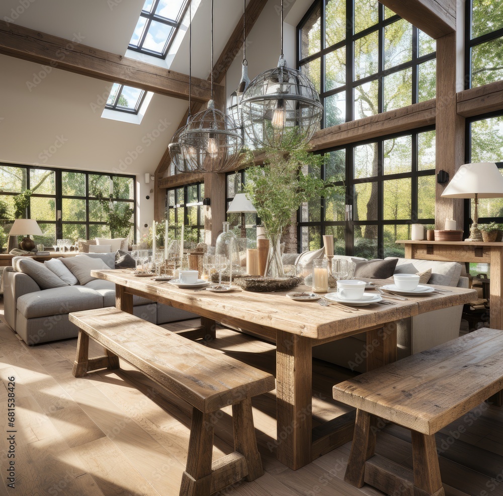 large open area with wooden beams, in the style of florianne becker, cottagepunk, reimagined by industrial light and magic, lively tableaus, authentic details, german modernism, natural light 