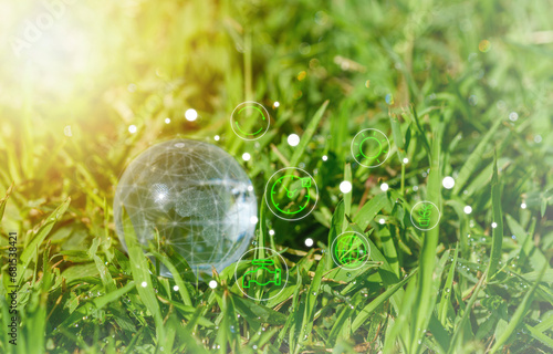 Glass globe in green forest with the icon environment of ESG, co2, and net zero.Technology Environment, society, and governance for sustainable, environment Concept.