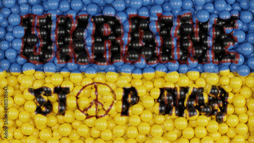 3d rendering. The Ukrainian flag. A lot of balloons with the symbol of Ukraine and a call to stop the war in Ukraine. A sign of pacifism.