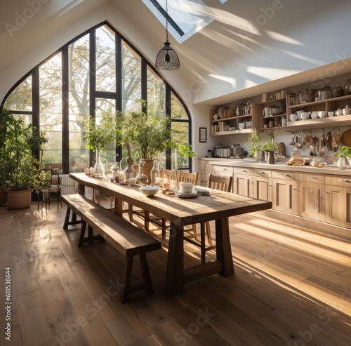 wooden flooring in the dining room and kitchen. 