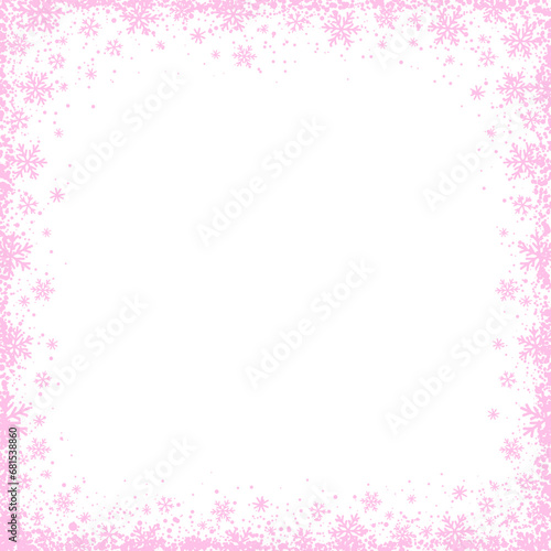 Christmas background with square frame of pink snowflakes. Merry Christmas and Happy New Year greeting banner. Square new year background, headers, posters, cards, website. Vector illustration. PNG