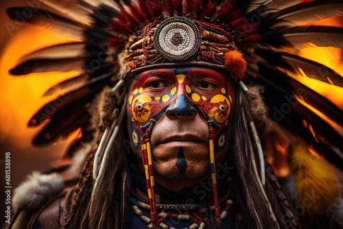 Portrait showcasing the rich heritage of indigenous culture. Man adorned with traditional feathered headdress and beaded necklace, importance of preserving indigenous culture through art and design