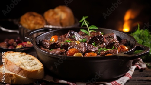 Beef bourguignon stewed in wine with thyme and tomatoes