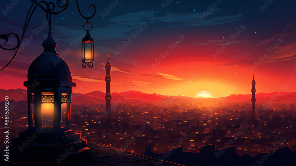 Obraz premium Ramadan celebration arabic lantern background illustrations. Generative ai