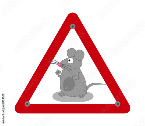 Gray mouse with big mustache in red road sign on white background - vector