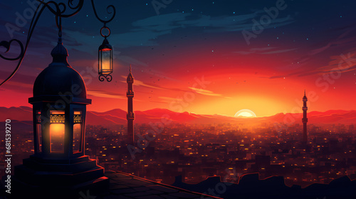 Ramadan celebration arabic lantern background illustrations. Generative ai photo