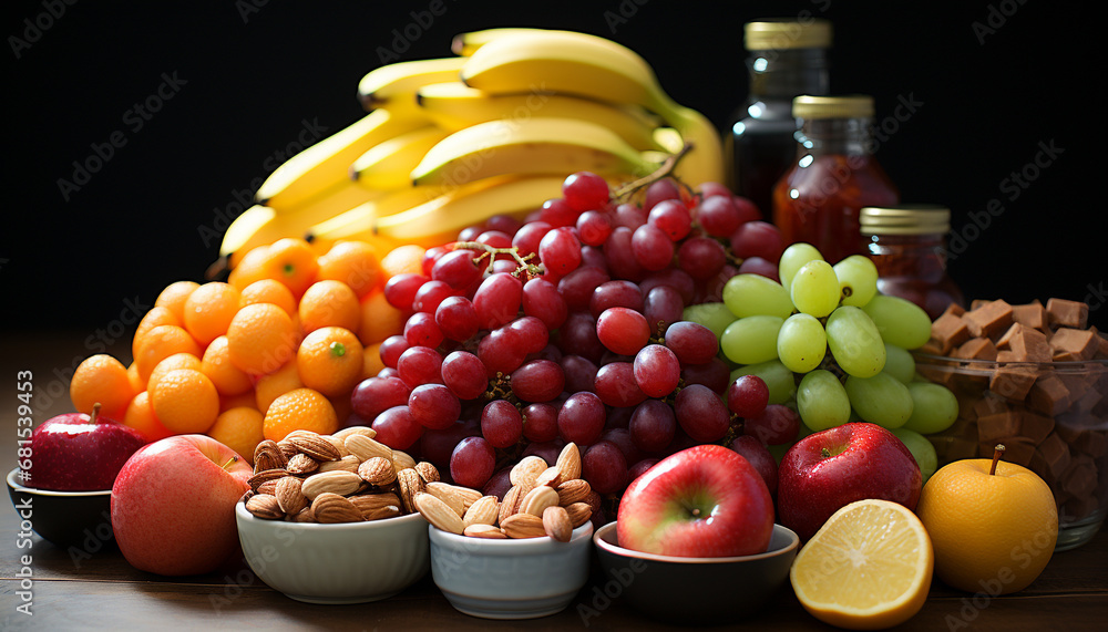 Fresh, healthy fruits grape, apple, banana, orange, lemon, kiwi generated by AI Fresh, healthy fruits grape, apple, banana, orange, lemon, kiwi generated by AI