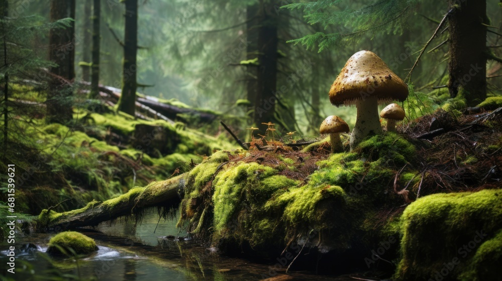 Fototapeta premium Fairytale forest scene with mushrooms growing on mossy rocks
