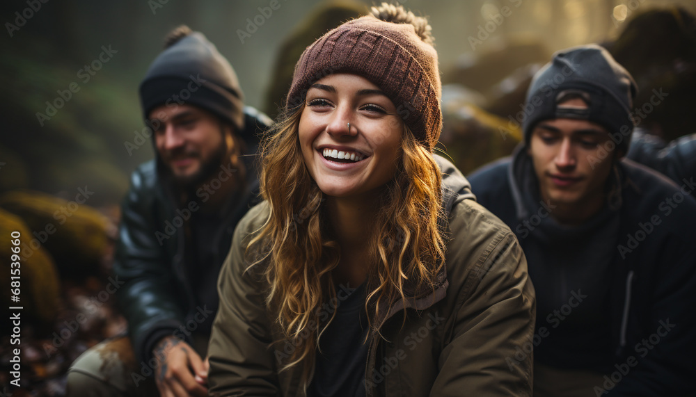 Young adults smiling outdoors, enjoying nature, friendship, and togetherness generated by AI Young adults smiling outdoors, enjoying nature, friendship, and togetherness generated by AI