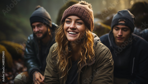 Young adults smiling outdoors  enjoying nature  friendship  and togetherness generated by AI