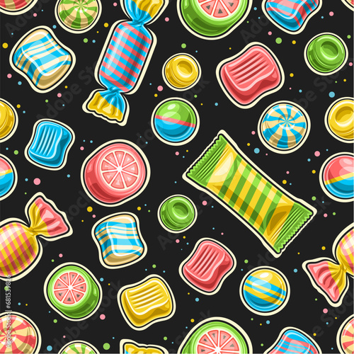 Vector Candy Seamless Pattern, repeating background with cut out illustrations of multi colored variety fruit chewy candies and bubble gums in spiral cellophane foil, set of flying flat lay candy mix