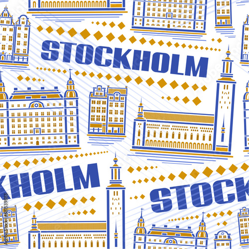 Vector Stockholm Seamless Pattern, repeating background with illustration of famous medieval stockholm city scape on white background, decorative line art urban historical poster with text stockholm
