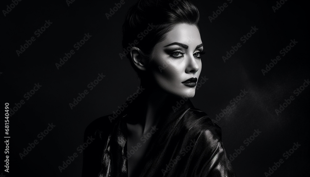 Beautiful woman, fashion model, elegance, sensuality, glamour, black background generated by AI