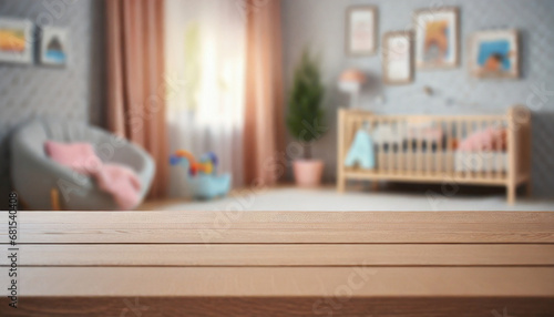 Empty wooden table inside the baby room photo
