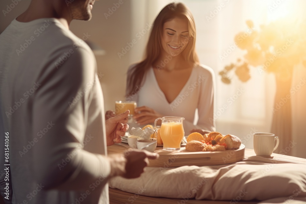 A husband in love brings his wife breakfast