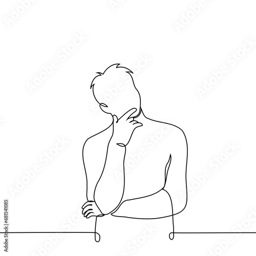 man stands lost in thought with his arms crossed and stroking his chin - one line art vector. concept reflection, self-reflection