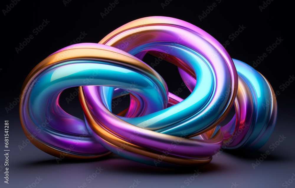 Abstract, knot and iridescent coloured loop render for wallpaper, background and digital design. Colourful, vibrant and creative closeup of organic design shapes and smooth curves on a black backdrop