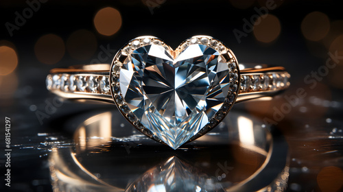 heart-shaped rings. Wedding ring - gold, diamond. Wedding concept, closeup of beautiful diamond engagement cushion cut ring, commercial style banner