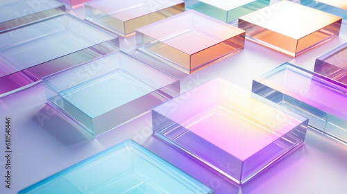 Abstract, crystal and iridescent coloured squares render for wallpaper, background and digital design. Colourful blocks, transparent and creative closeup of geometric design shapes for grid printing