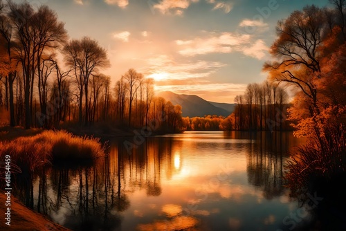 Geese and Riparian Reflection, Beautiful lake sunset in spring time