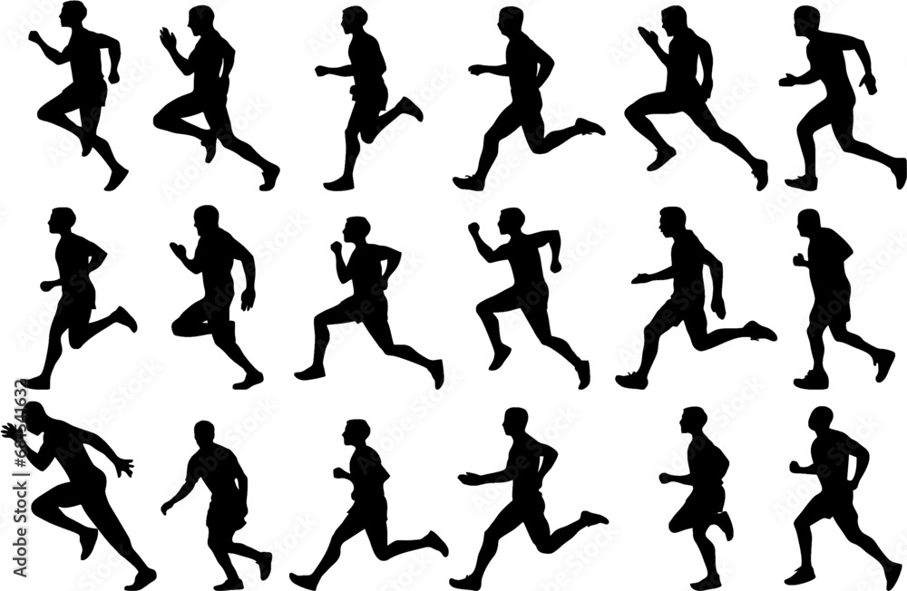 Running men, Runner silhouette set of sprinters, runners and joggers running track or jogging. Male athletes racing in editable vector. Race competition poster, banner, flyer or sticker idea. eps 10