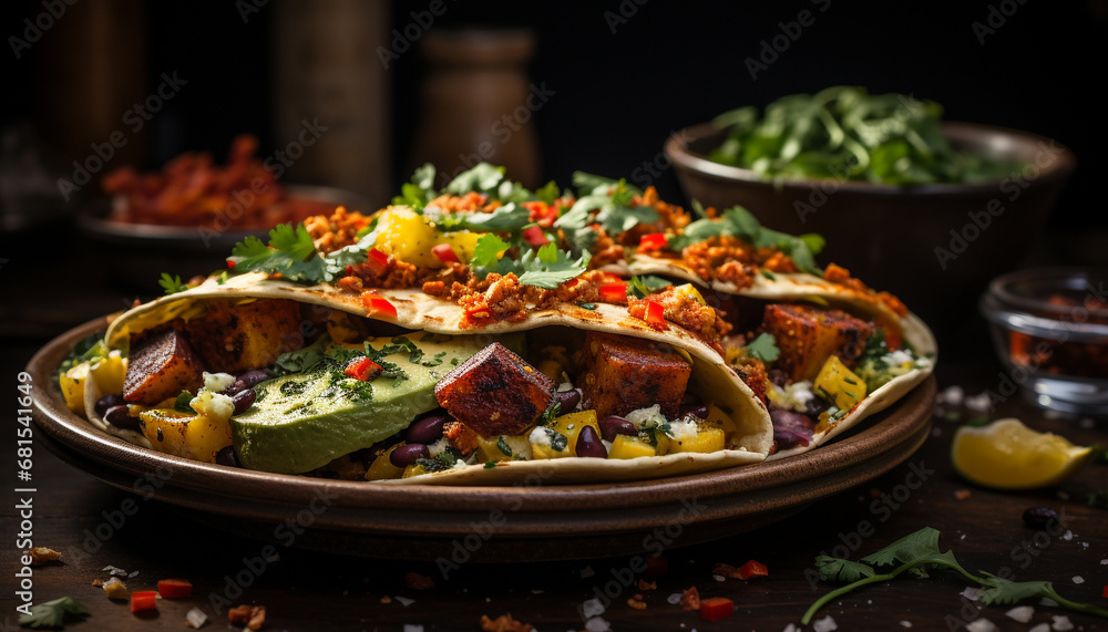 Freshness and spice on a tortilla, a gourmet Mexican meal generated by AI Freshness and spice on a tortilla, a gourmet Mexican meal generated by AI