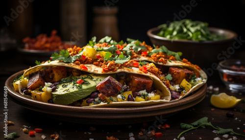 Freshness and spice on a tortilla, a gourmet Mexican meal generated by AI