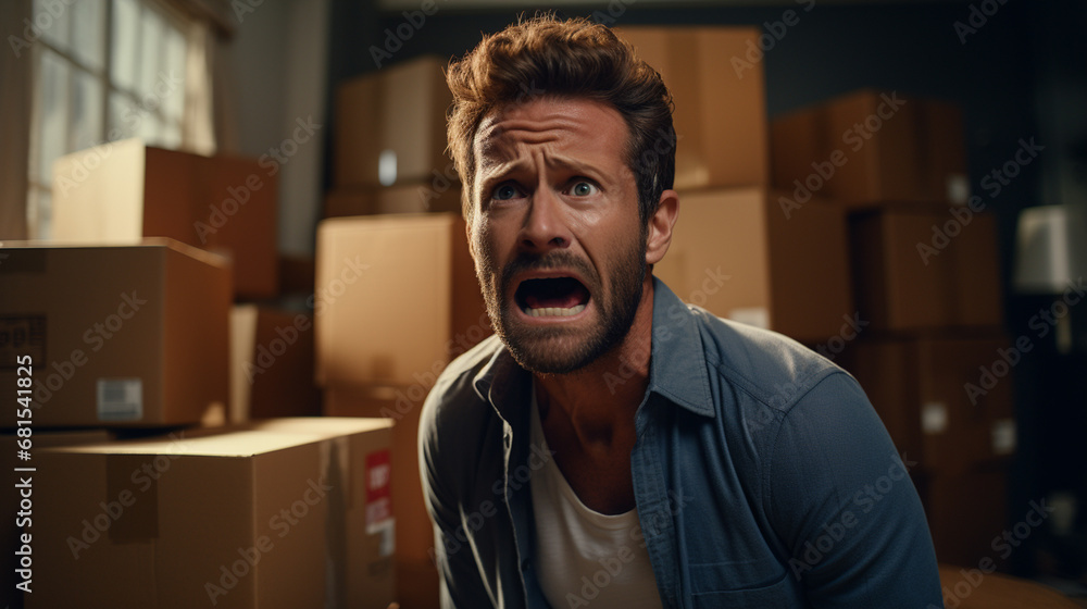 caucasian man, 30s, indoor in a room surrounded by cardboard boxes, shocked or sad and worried, moving stress and moving boxes, fictional reason and location caucasian man, 30s, indoor in a room surrounded by cardboard boxes, shocked or sad and worried, moving stress and moving boxes, fictional reason and location