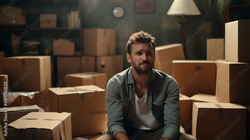 caucasian man, 30s, indoor in a room surrounded by cardboard boxes, shocked or sad and worried, moving stress and moving boxes, fictional reason and location - obrazy, fototapety, plakaty 