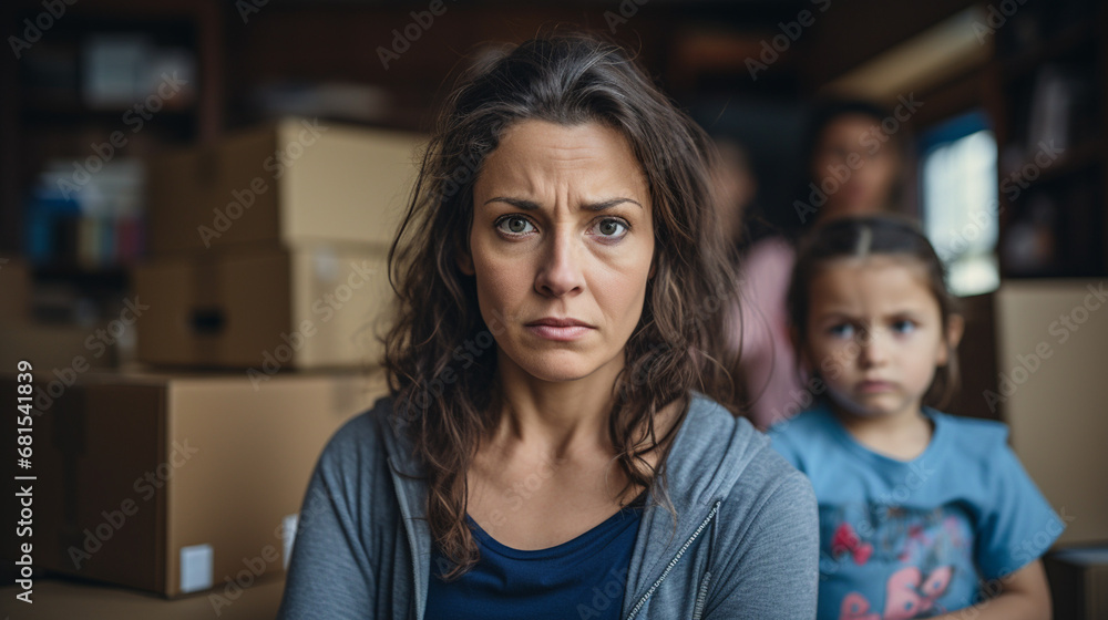 mother and her kids, two girls, woman, 40s, indoor in a room surrounded by cardboard boxes, shocked or sad and worried, moving stress and moving boxes, fictional reason and location - obrazy, fototapety, plakaty 