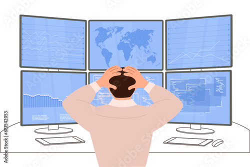 Frustrated, tense man holding his head. View from the back In front of computer monitors. Headache, migraine, stressful work, tired. Vector illustration.