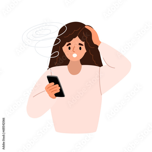 Sad anxious girl with mobile phones, reading bad news, message in internet. Negative emotion. Flat vector illustration isolated on white background.