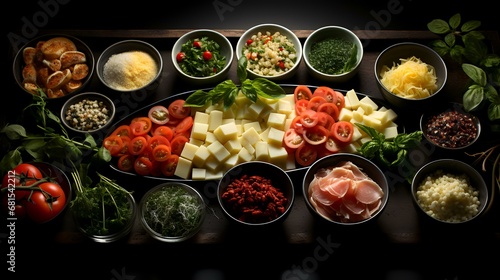 Healthy food selection on wooden background. Top view with copy space.