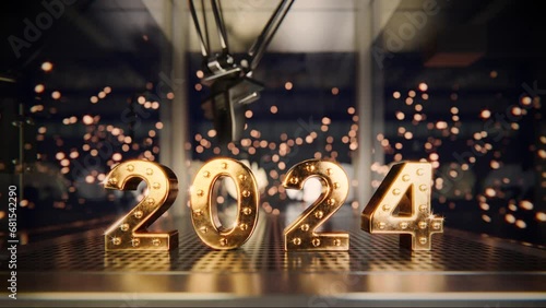 Three-axis robot with a gripper takes the golden digit 4 and pushes out the digit 3 from the date 2023. Animation for the upcoming New Year 2024. Last 76 frames in clip are looped. photo