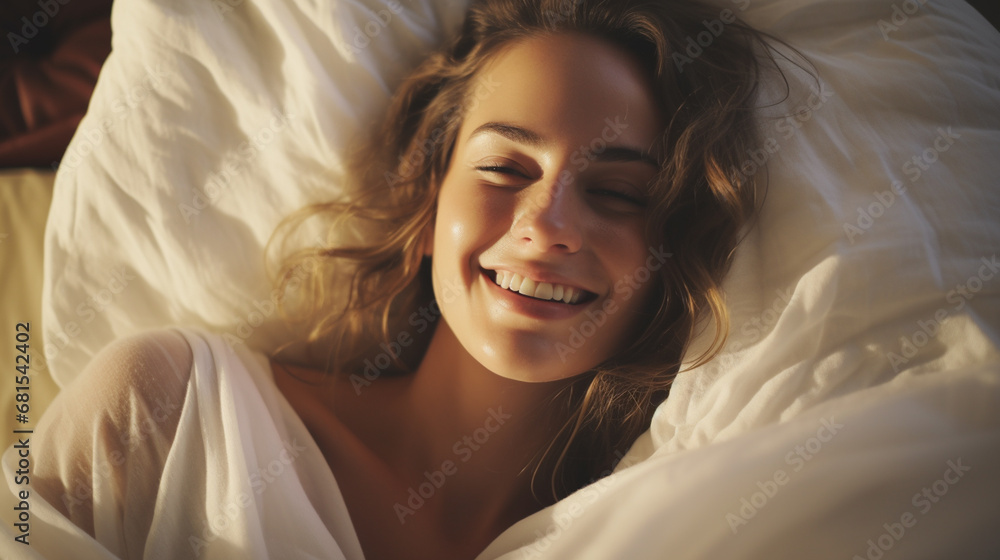 new day, early morning, happy in bed, weekend rest, smiling woman, relaxed and content in bed, tranquility and ease new day, early morning, happy in bed, weekend rest, smiling woman, relaxed and content in bed, tranquility and ease