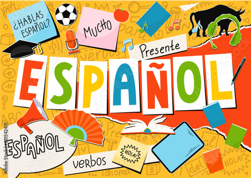 Spanish. Espanol; Hablas Espanol? Hallo...Translation: Spanish; Do you speak Spanish, hello; Present, language, Future, a lot, for, verbs. Language collage.