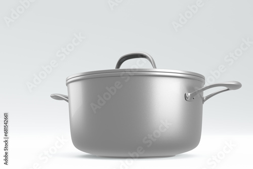 Stainless steel cooker with lid and chrome cookware on white background