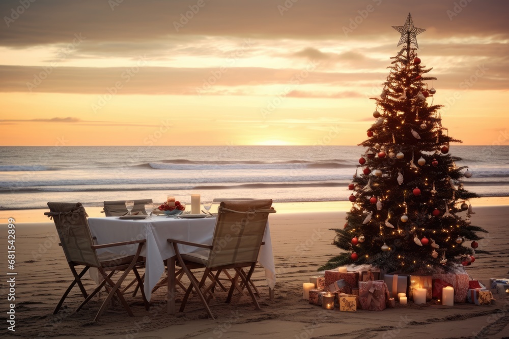 christmas dinner romantic table setting on the beach. AI Generated