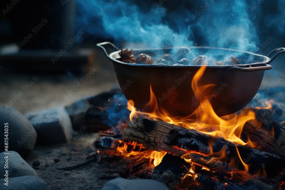 kettle on the campfire concept of fire cooking kettle on the campfire concept of fire cooking