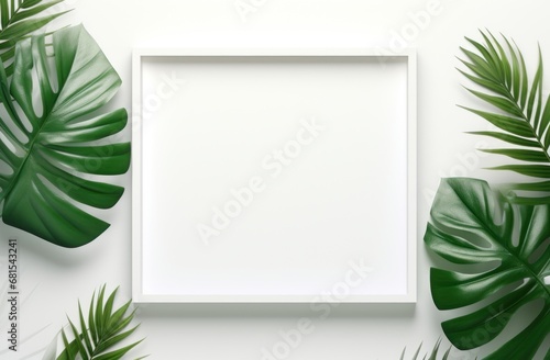 white frame mockup green plants in the background concept of ecological product