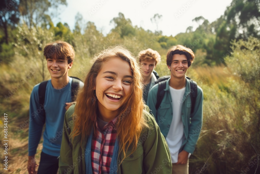 Cheerful group of friends with backpacks for hike walking across forest exploring nature in sunny weather. Teenagers active lifestyle spending time together without using gadgets. Enjoying environment Cheerful group of friends with backpacks for hike walking across forest exploring nature in sunny weather. Teenagers active lifestyle spending time together without using gadgets. Enjoying environment